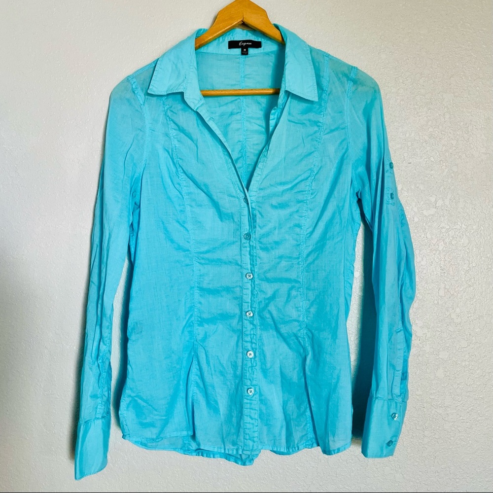 Express Turquoise Long Sleeve Button Down Cotton Shirt - Size M